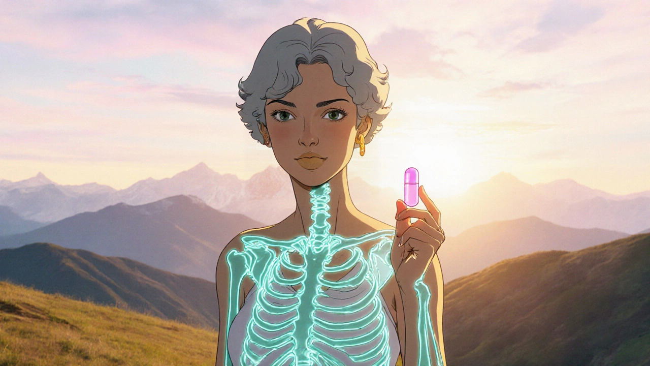 Active older woman with gently glowing bones standing on a sunrise‑lit hill, holding a capsule.