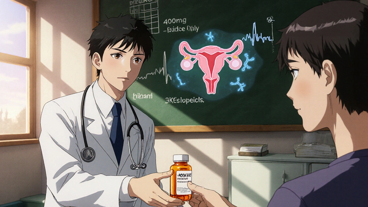 Anime doctor gives pill bottle to patient, with prostate diagram and ECG in background.