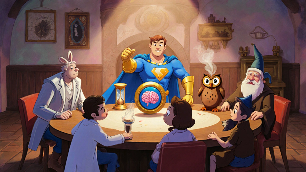 Cartoon characters representing various wake‑fulness drugs gathered around a table in Disney style.