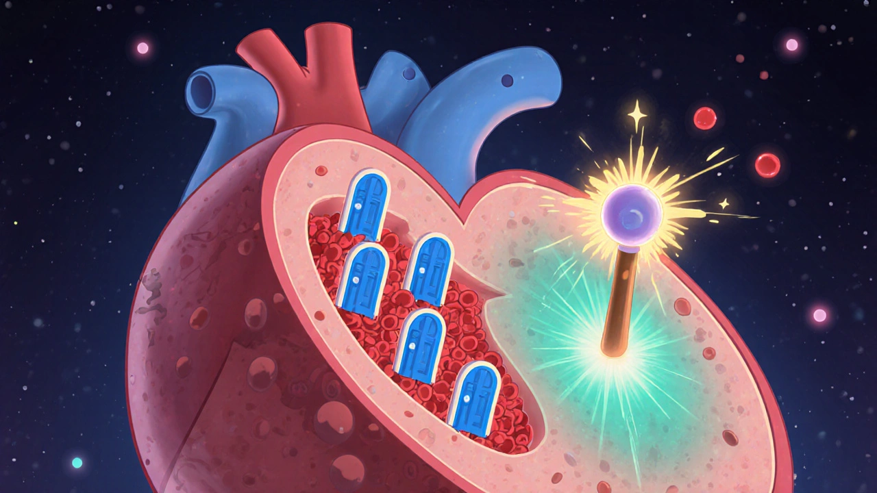 Cartoon heart cell shows ranolazine blocking late sodium influx.