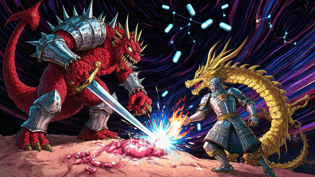 Clindamycin samurai battling MRSA bacteria in a surreal body landscape with doxycycline dragon in background.