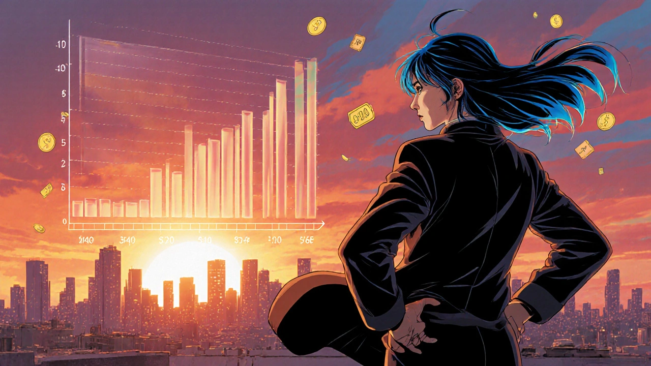 Confident patient on rooftop overlooking city, symbolic LDL reduction and cost savings, 80s anime style.