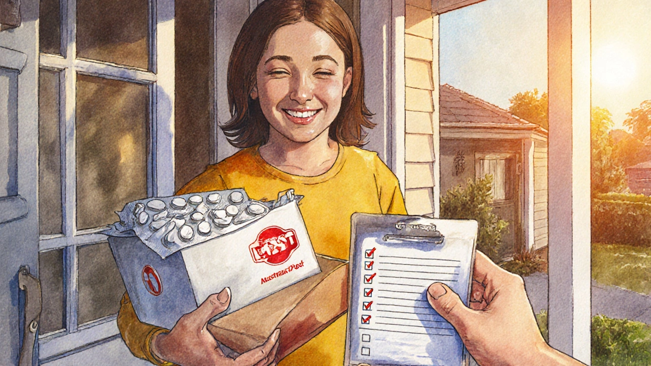 Delivery person hands a parcel; recipient opens it to find tablet blister pack and checklist.
