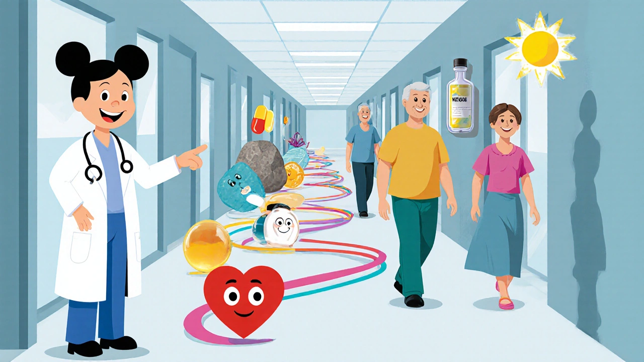 Disney illustration of stepwise angina treatment with ranolazine added on.