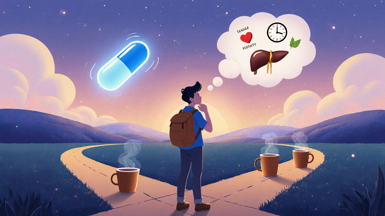 Disney‑style scene of a person at a twilight forked road choosing between a blue pill path and a coffee path.