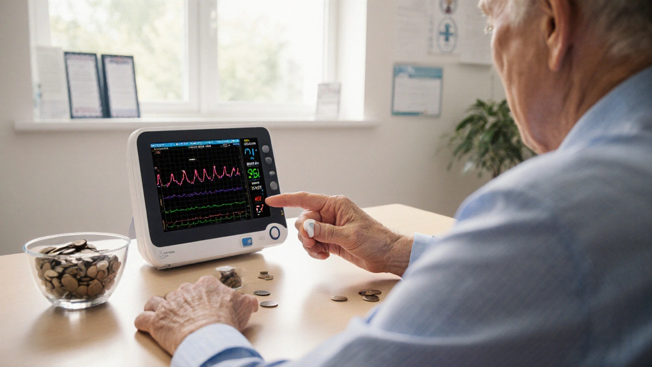 Doctor and patient discussing treatment, with a pill and heart monitor visible.