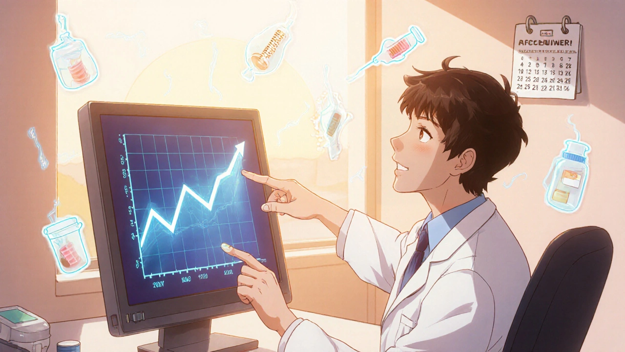 Doctor and patient reviewing rising bone density graph with medication icons floating.