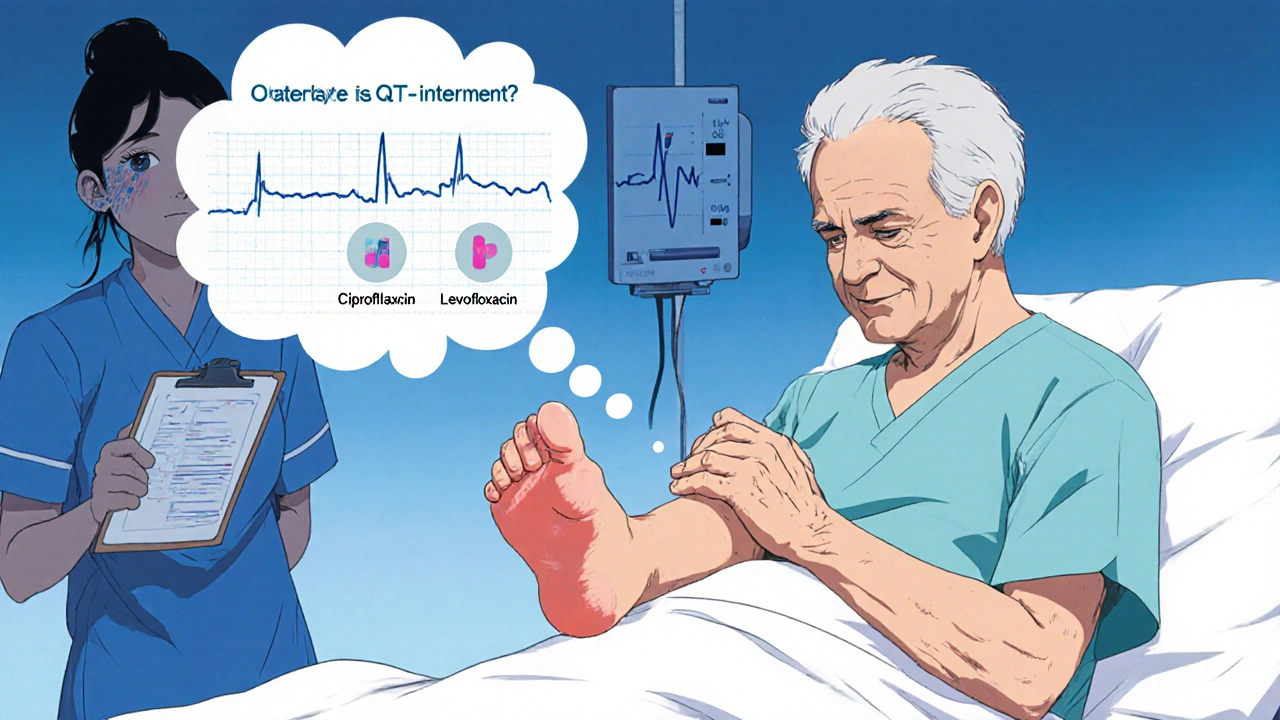 Elderly patient holding Achilles tendon, nurse shows ECG monitor and antibiotic icons.