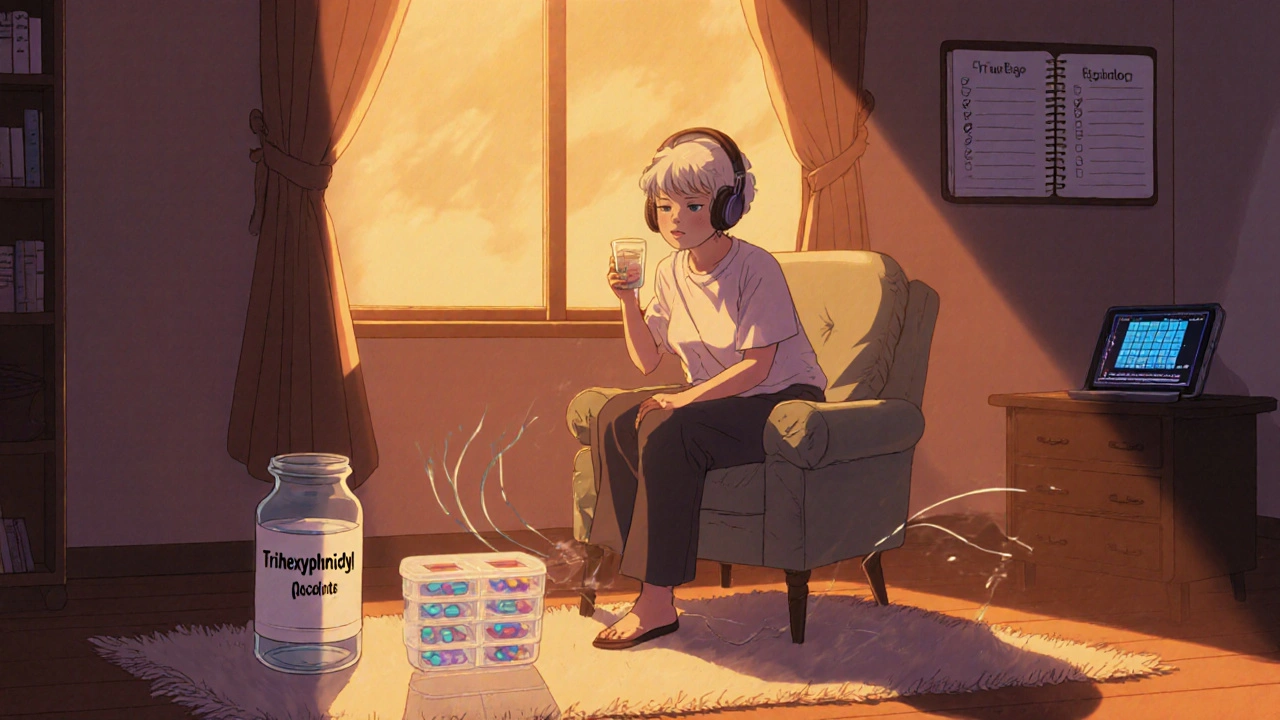 Elderly patient walking at home with headphones after medication, showing smooth gait.