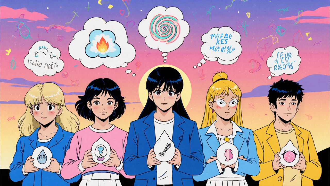 Five characters representing wake‑fulness drugs showing icons for headache, nausea, insomnia, and abuse.