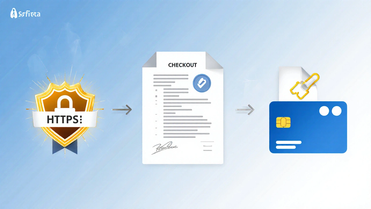 Flat‑design icons for secure checkout: padlock, license badge, prescription upload, credit card.