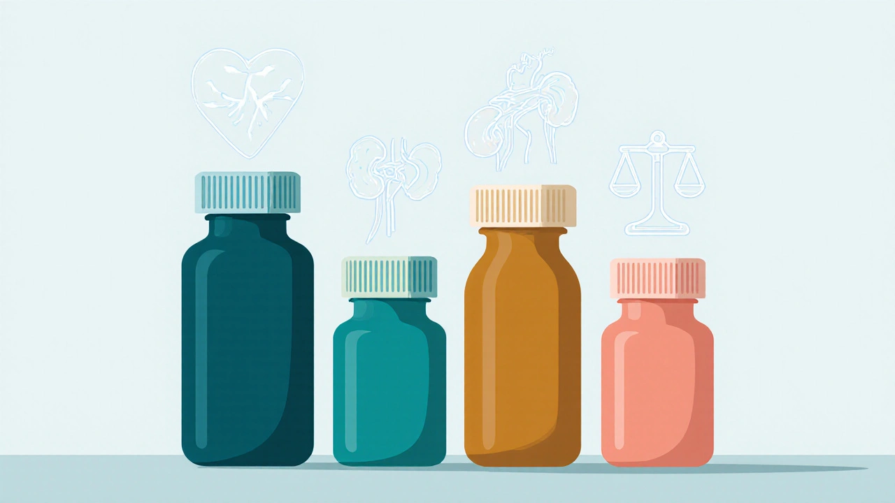Four colorful pill bottles with heart, kidney, and weight icons above them.
