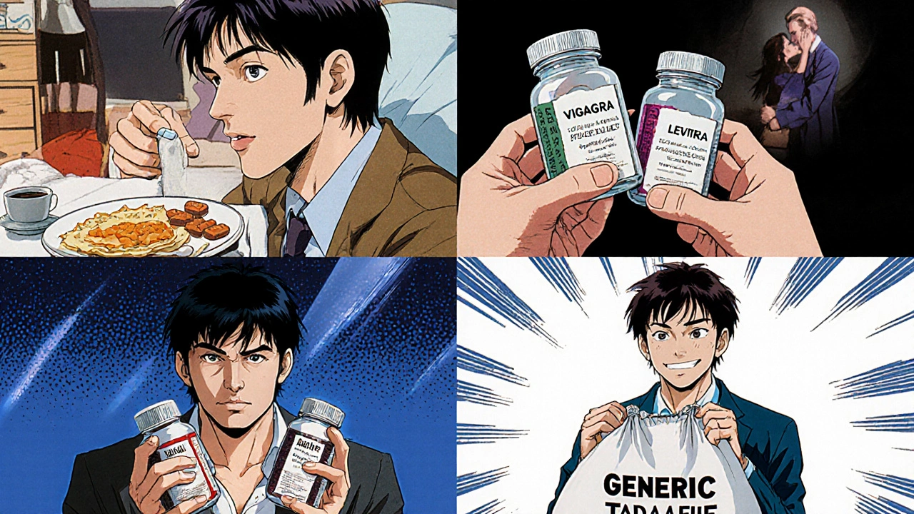 Four men in different scenarios using ED medications, styled in 80s anime