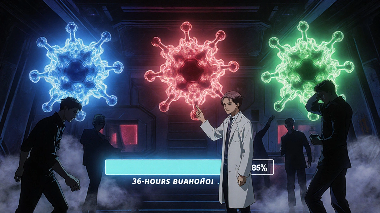 Glowing molecular structures of ED drugs in a retro-futuristic lab