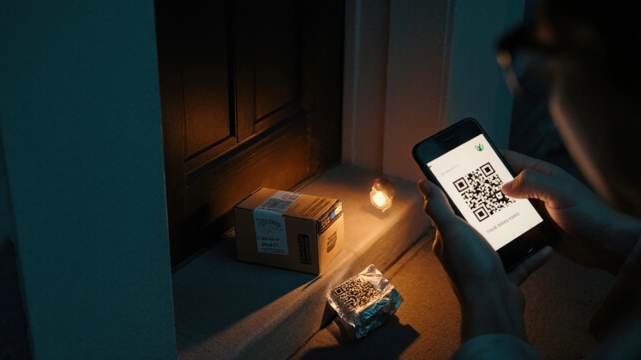 Hand opening a discreet box, revealing pills and scanning a QR code for verification.