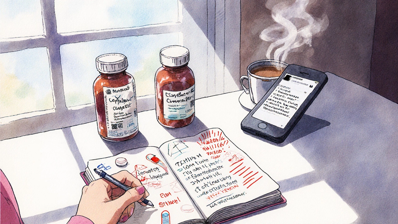 Hand placing three antibiotic bottles on a table with handwritten notes and medical doodles beside a steaming coffee cup.