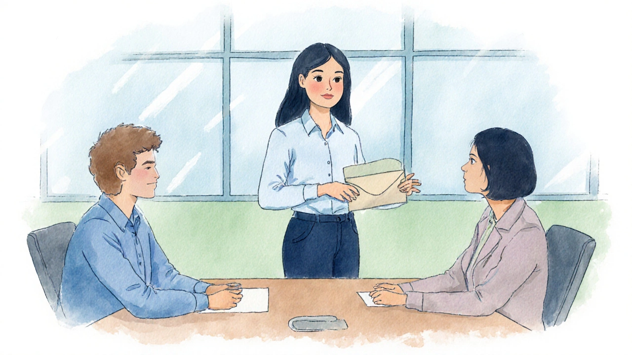 Individual calmly explains their condition to coworkers during an office meeting.