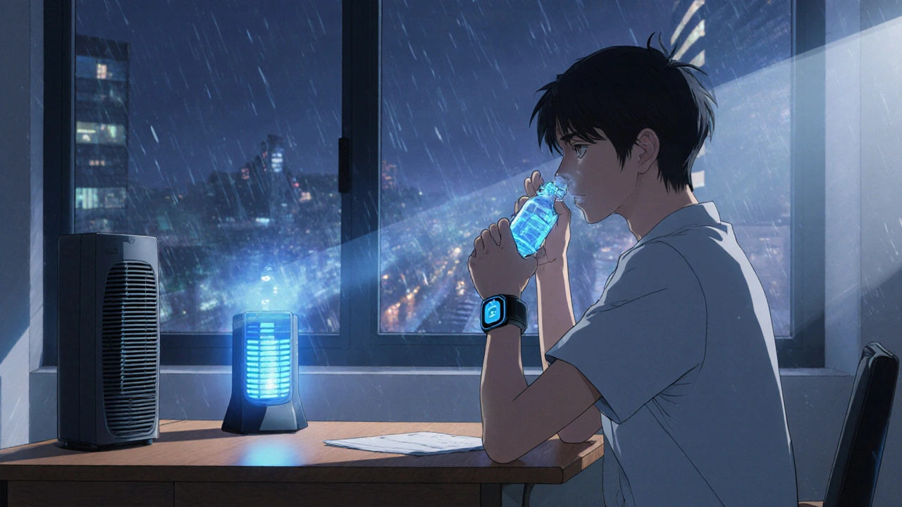Indoor scene with person using nasal rinse, HEPA filter, dehumidifier, and air‑quality sensor.