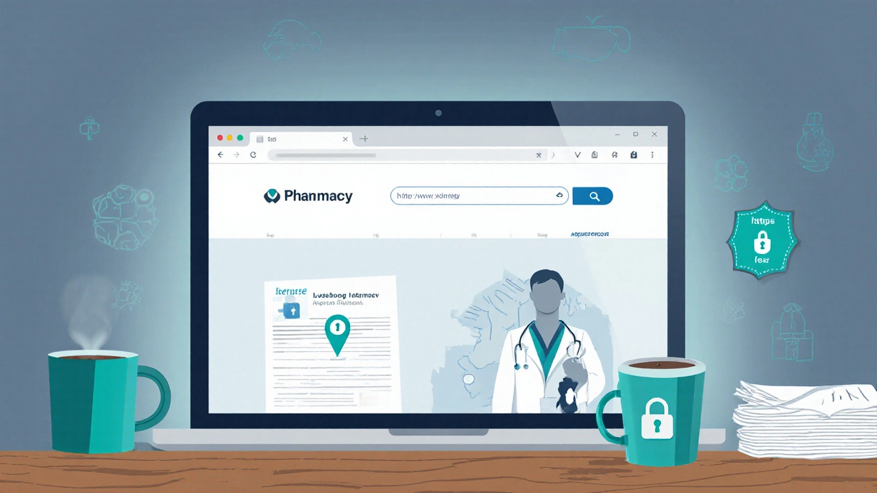 Laptop screen showing secure pharmacy site with padlock and Australian address hint.