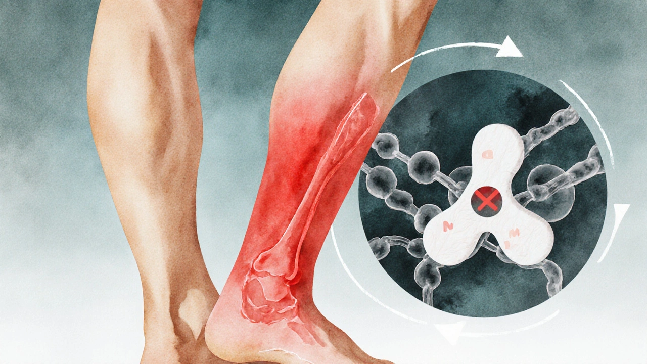 Leg silhouette highlights Achilles tendon risk with watercolor style and enzyme blockage visual.
