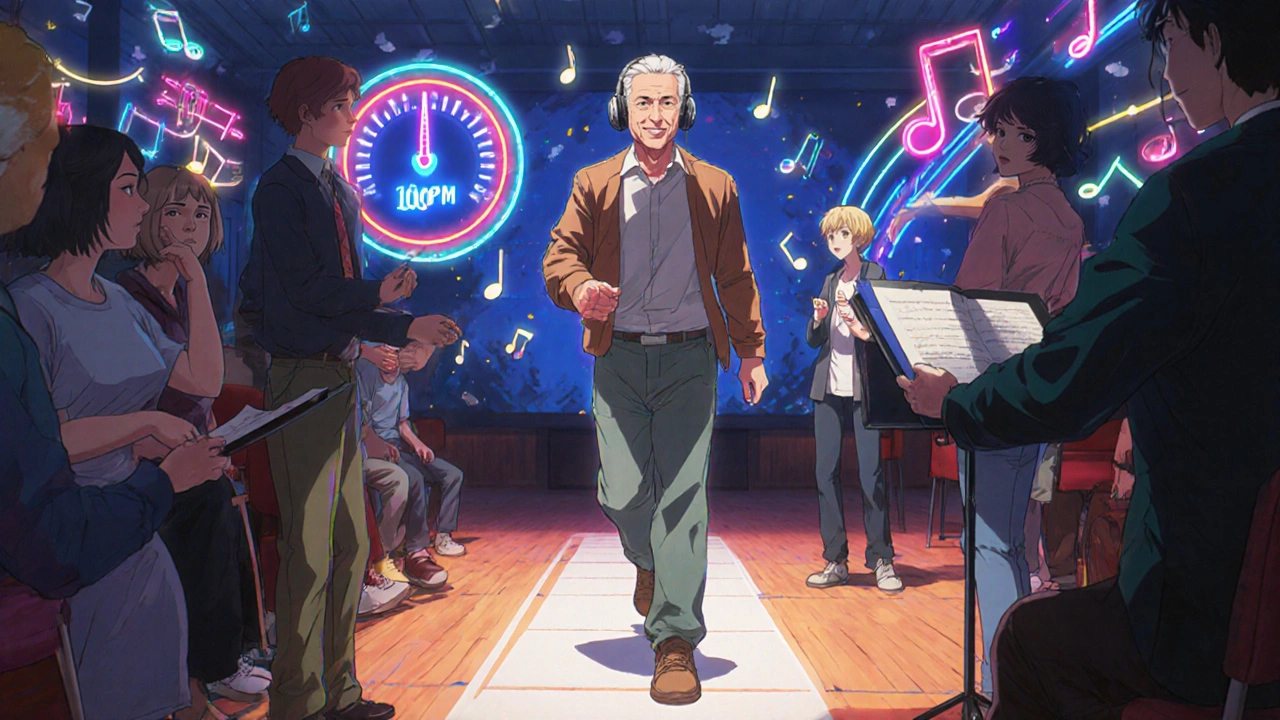 Man walking to rhythmic musical notes in a bright music therapy studio.