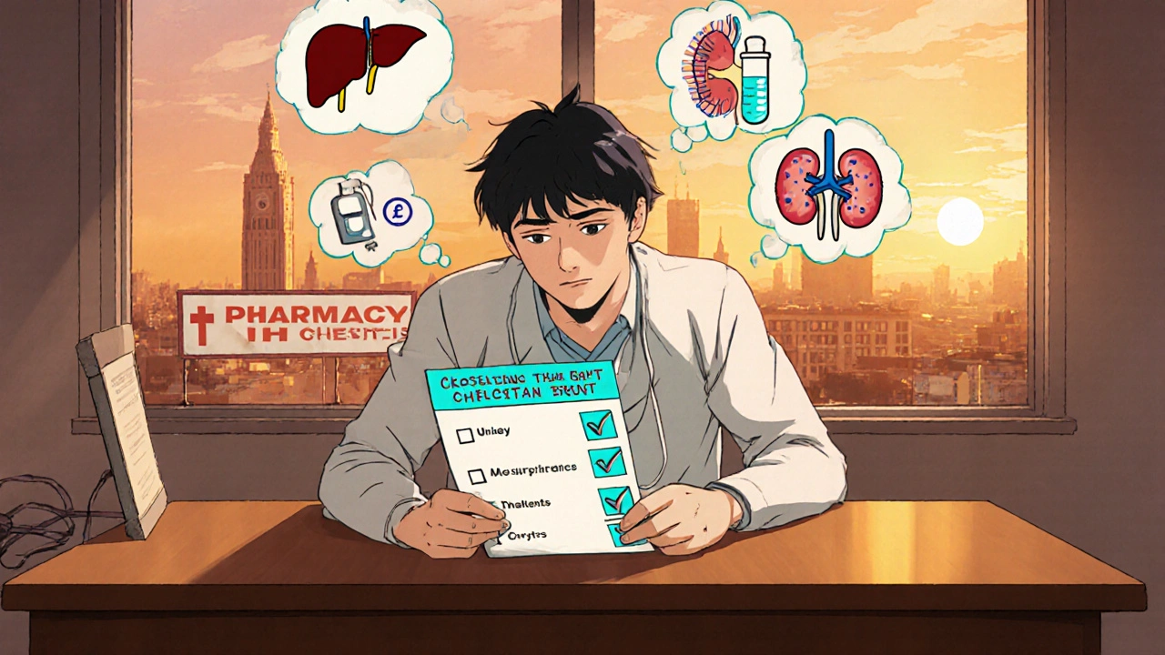 Patient reviews a decision checklist with icons for liver tests, cost, IV, and kidney.