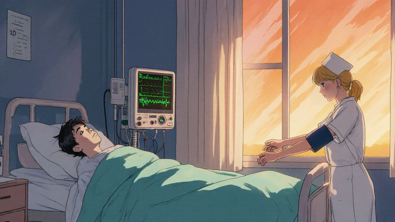 Patient sleeping calmly with stable monitor in a sunrise‑lit room.