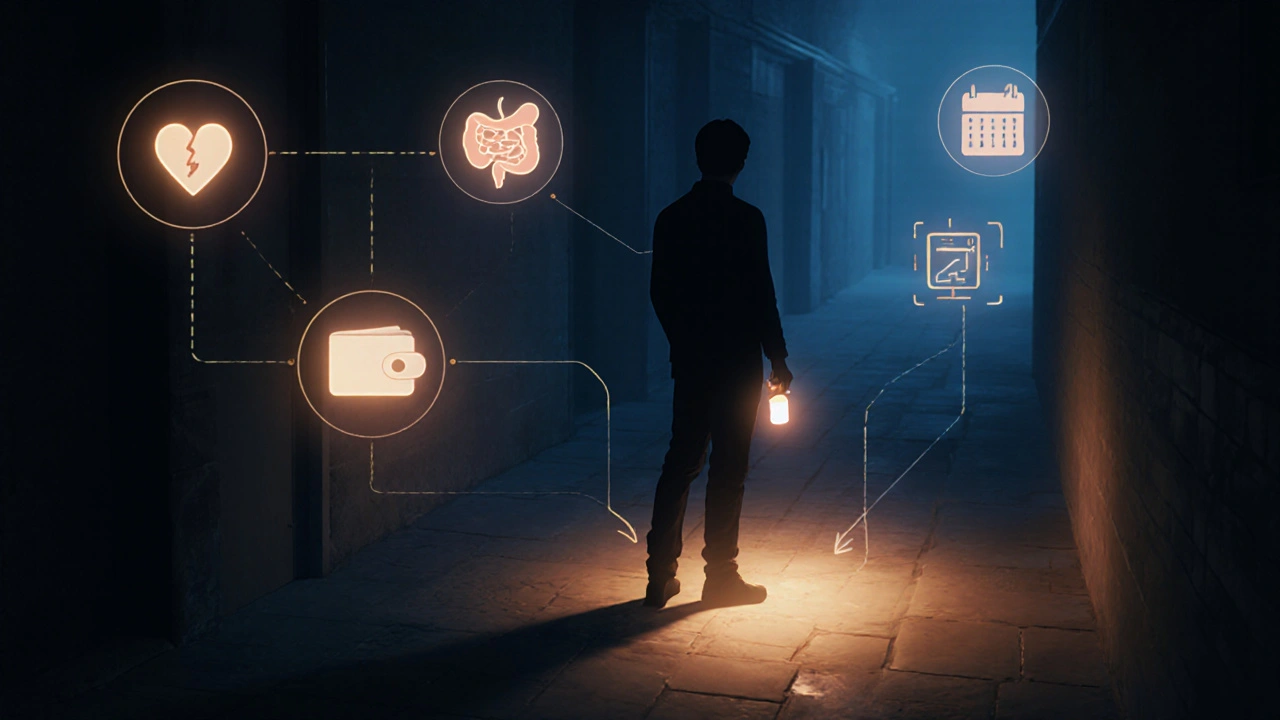 Person at a crossroads with icons for heart, stomach, cost, and dosing, representing drug choice.