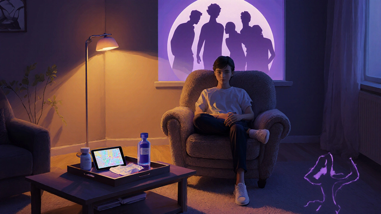 Person at home with a small emergency kit, tablet map, and silhouettes of supportive friends.