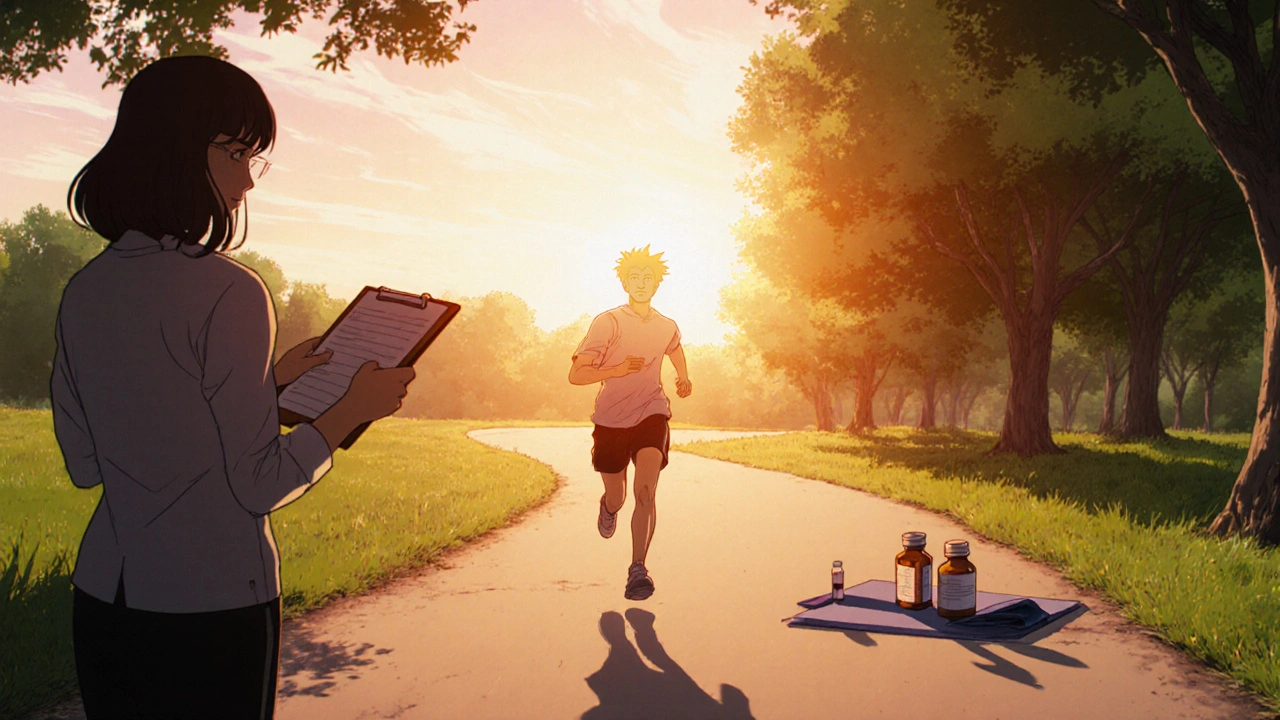 Person jogs at sunrise, surrounded by hopeful aura, hinting at integrated treatment.