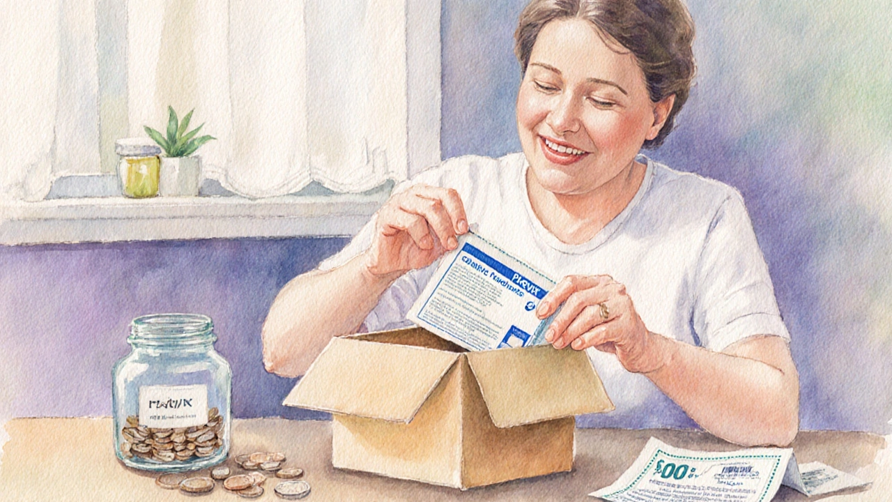 Person opening a parcel with generic Plavix box, surrounded by coins and a coupon.