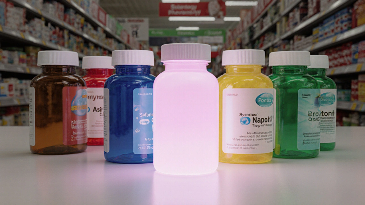 Pharmacy shelf with various NSAID bottles, Ponstel highlighted in the center.