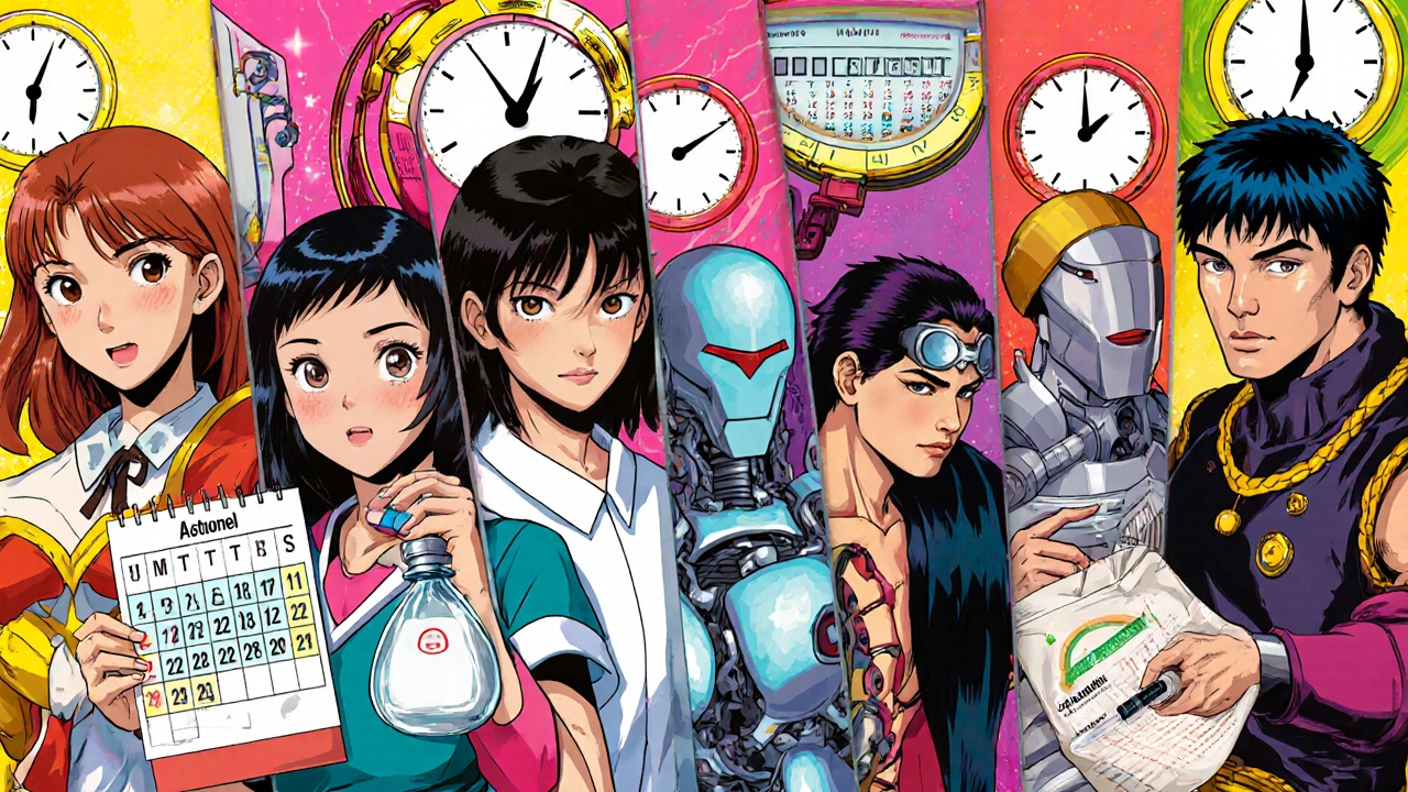 Seven characters each representing a different osteoporosis drug with dosing symbols.