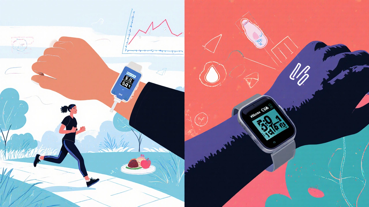 Split illustration of a CGM sensor on a forearm and a finger‑stick meter beside a walker checking a smartwatch.