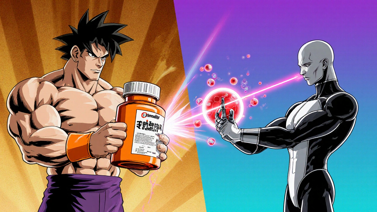 Split‑scene comparing a statin pill bottle and a Himcollyn injection pen with heroic characters, anime style.