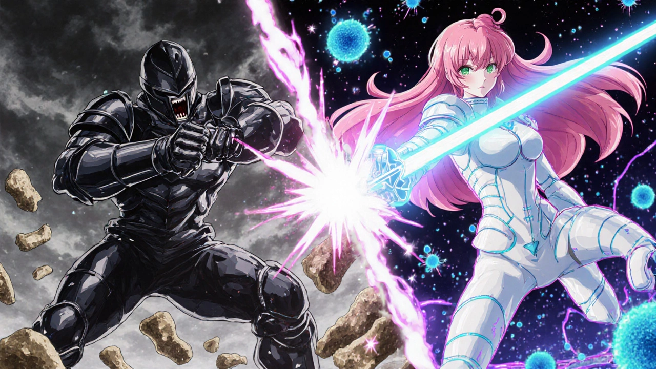 Split scene of a dark osteoclast and a luminous osteoblast wielding a glowing supplement sword.