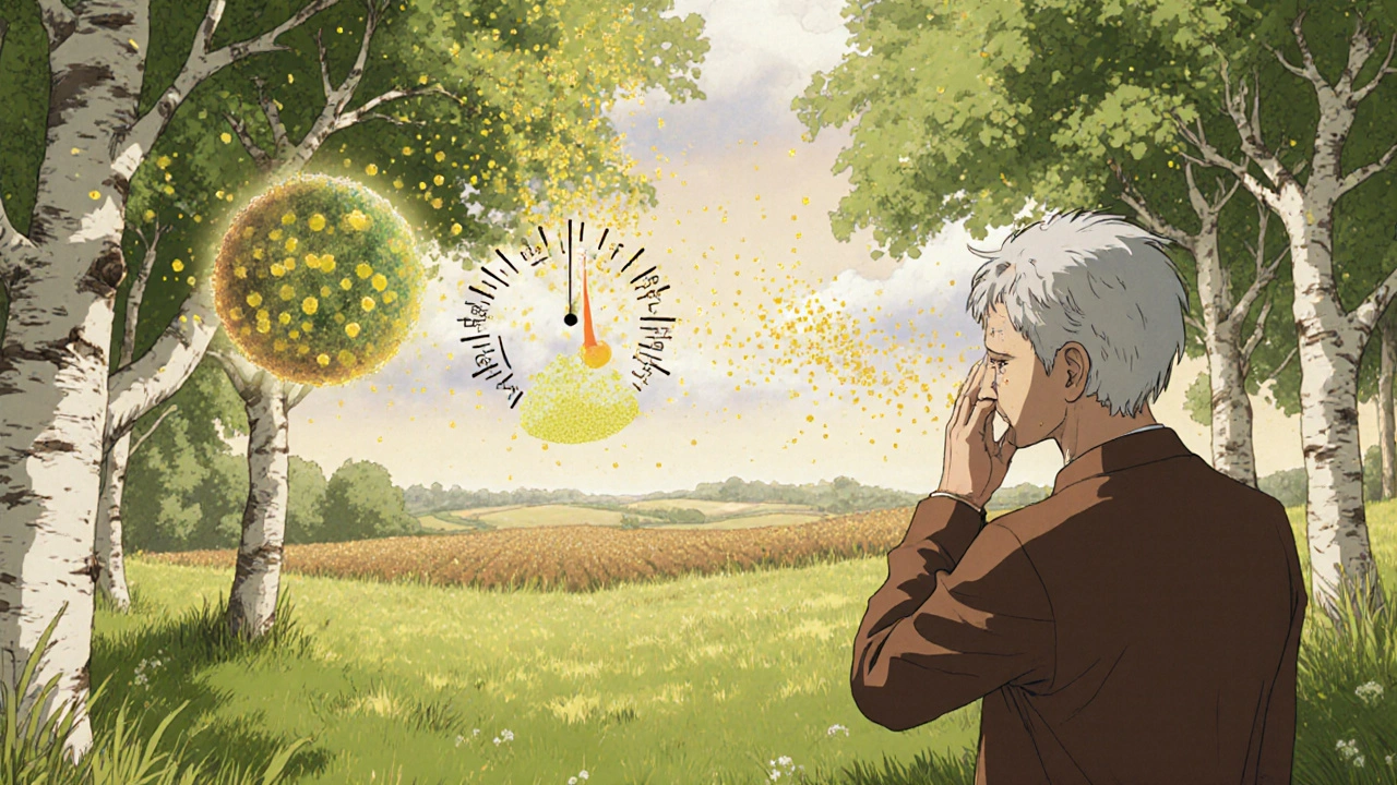 Spring meadow with birch trees and ragweed releasing pollen, man covering his nose.