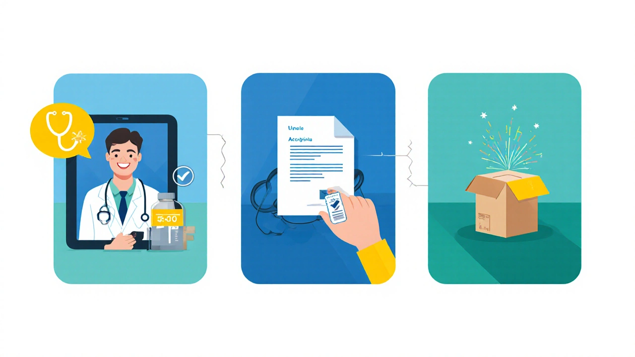 Storyboard showing telehealth visit, prescription upload, and selecting generic medication.