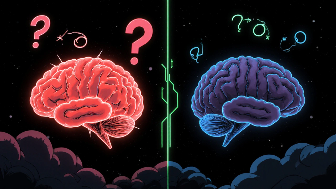 Stylized brain shows red amygdala and dim prefrontal cortex with swirling thought symbols.