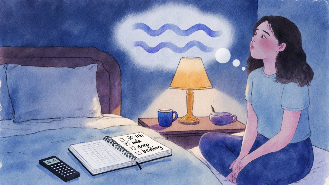 Watercolor of a bedtime scene with a journal checklist, sleep tracker, tea, and a person doing breathing exercises.