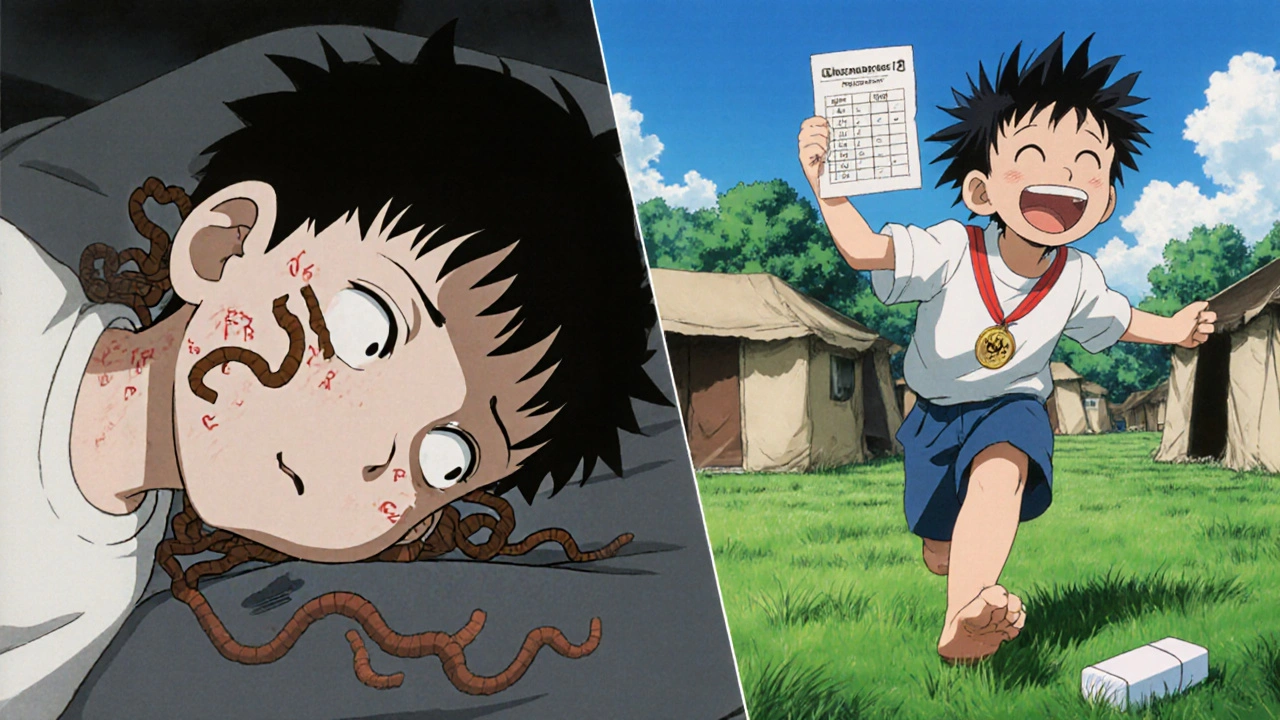 A child transforms from weak and ill to healthy and joyful after taking mebendazole.