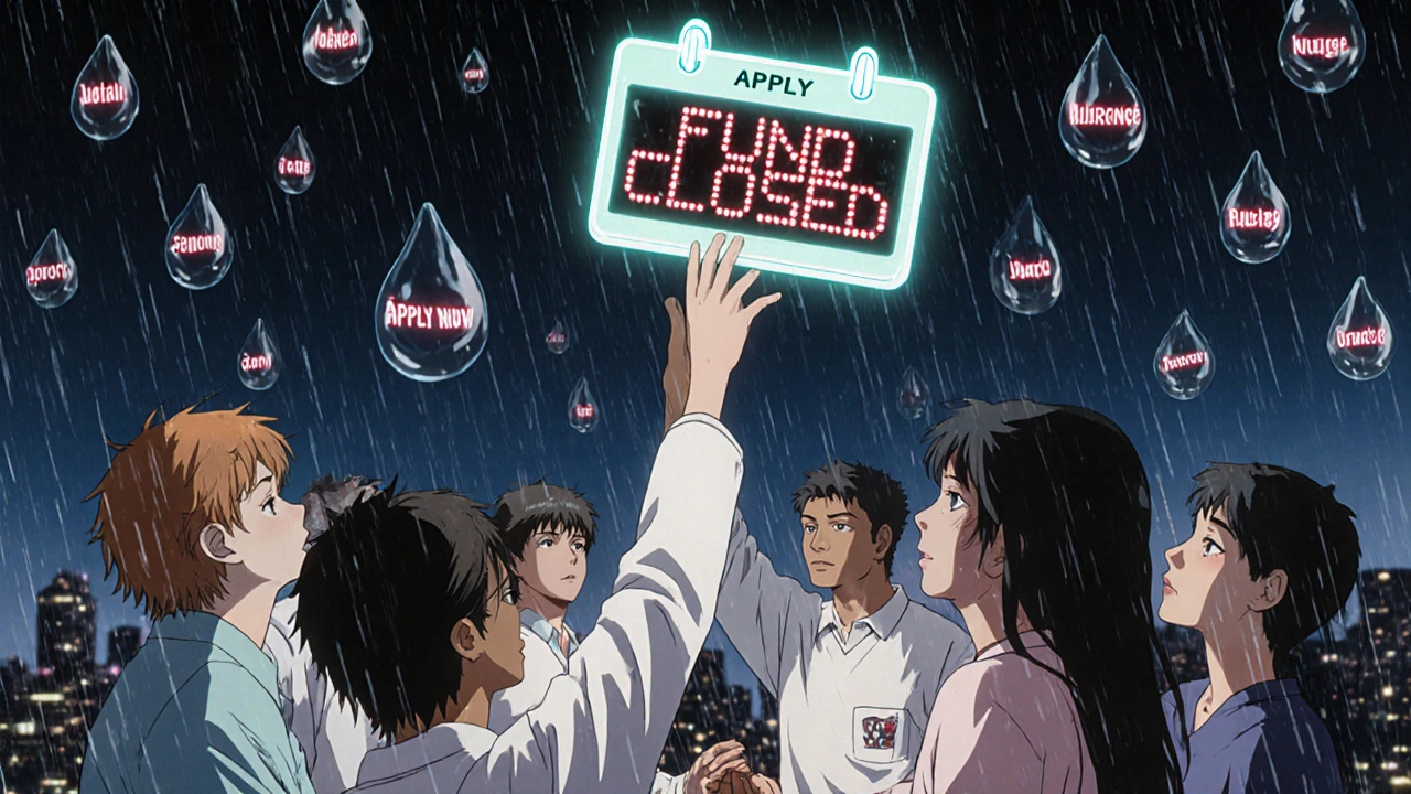 A group of patients holding hands under a digital calendar showing &#039;FUND CLOSED&#039;, reaching for a glowing &#039;APPLY NOW&#039; button.