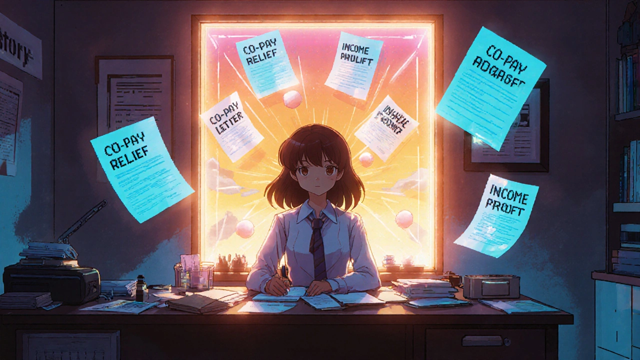 A patient advocate at a desk surrounded by floating documents and a portal showing payments to pharmacies.