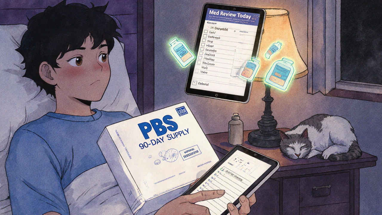 A patient receives a mail-order medication package with a digital reconciliation list floating nearby.