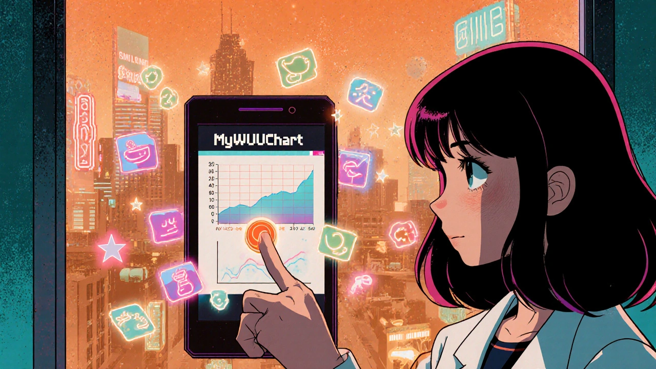 A person using a futuristic health app with floating food and mood icons in a neon-lit room.