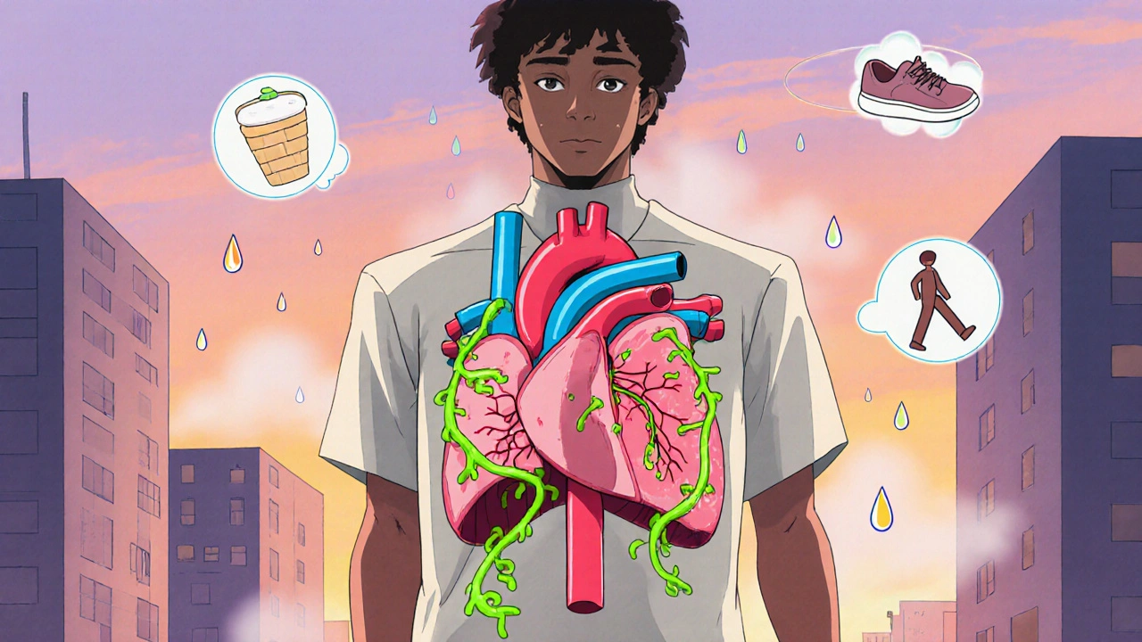 A person walking as their heart heals with green energy vines and healthy lifestyle icons around them