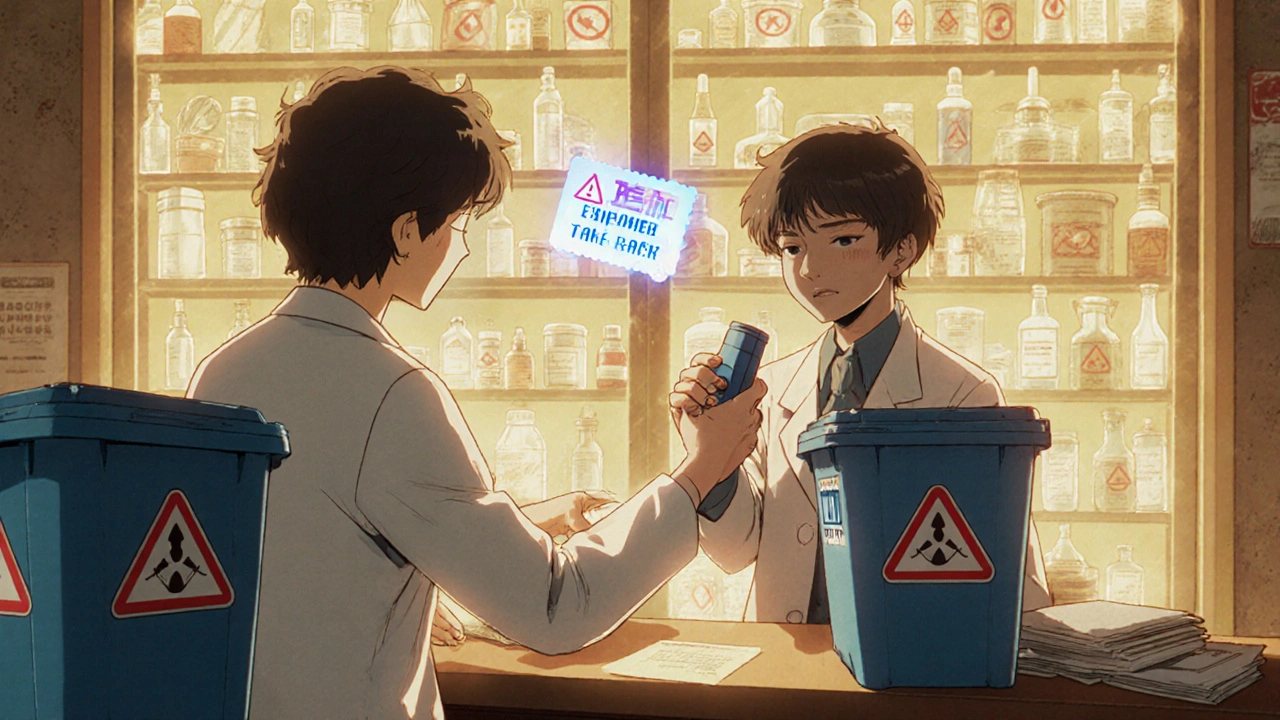 A pharmacist hands a new inhaler to a teen while expired medications are safely disposed of behind them.