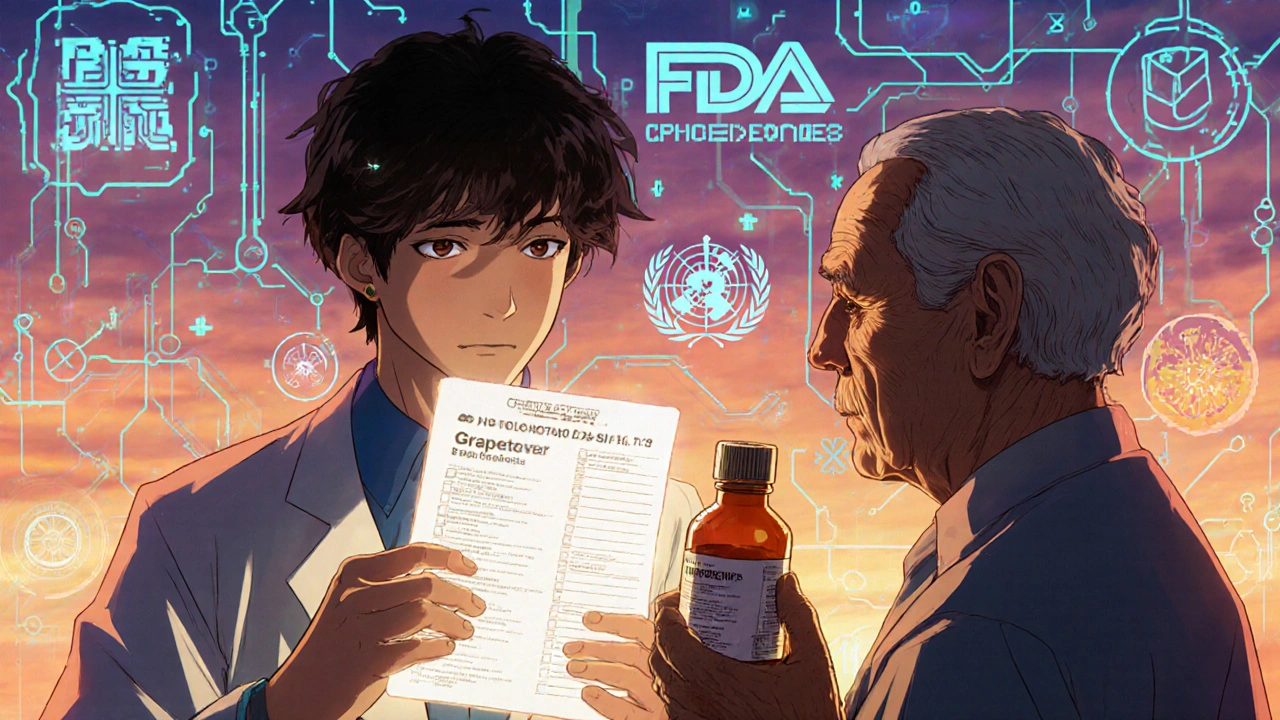 A pharmacist surrounded by holographic drug alerts and gene strands, with an elderly patient holding grapefruit and herbal supplements in retro anime style.