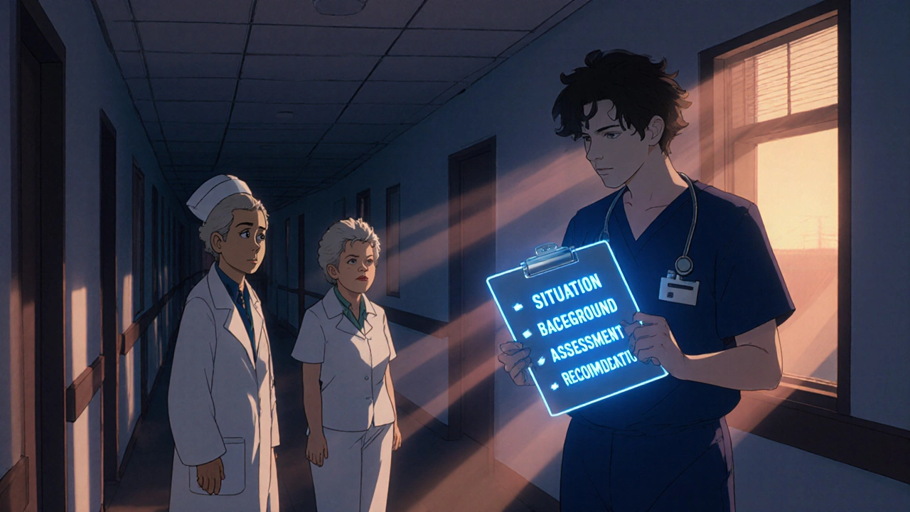 A pharmacist uses SBAR method to communicate medication safety with a nurse and patient in a hospital.