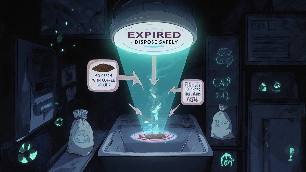 A smart inhaler cap displays a holographic expiration warning with disposal instructions above a sink.